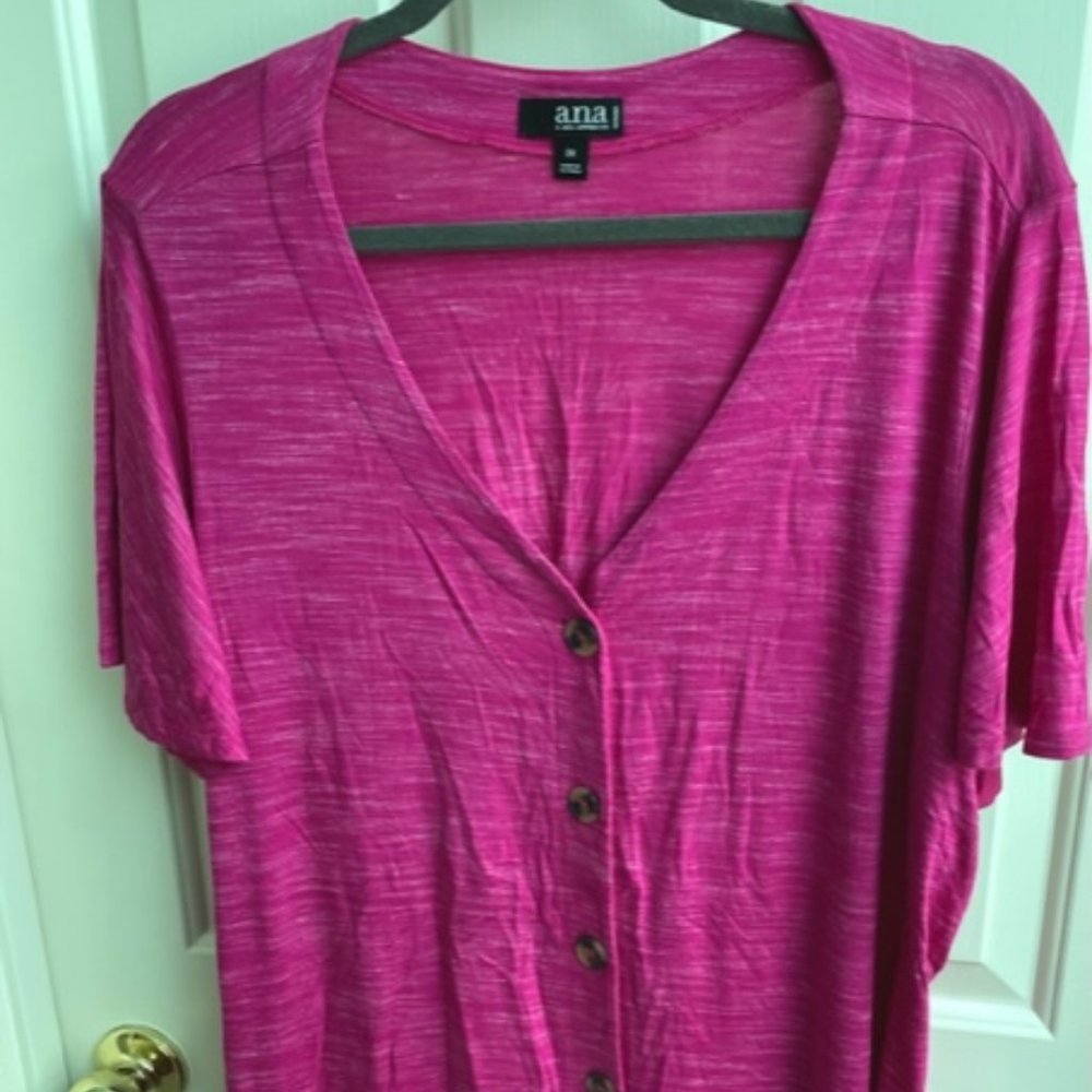 A short-sleeved top; rayon; poly; spandex; relaxed fit; deep pink color; 2X
